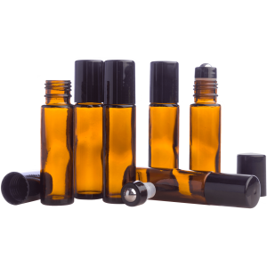 10 ml gintaro spalvos buteliukai su rutuliniu aplikatoriumi (roller), 6 vnt.